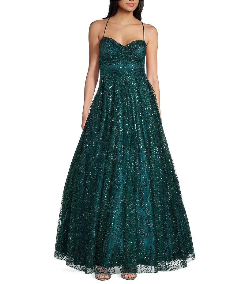 Blondie Nites Glitter Leaf Print Sweetheart Pinch Neck Tie Back A-Line Ball Gown