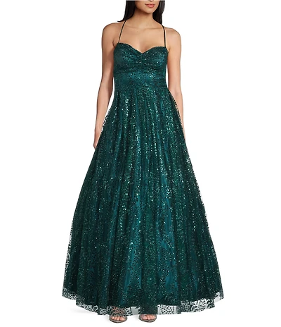 Blondie Nites Glitter Leaf Print Sweetheart Pinch Neck Tie Back A-Line Ball Gown