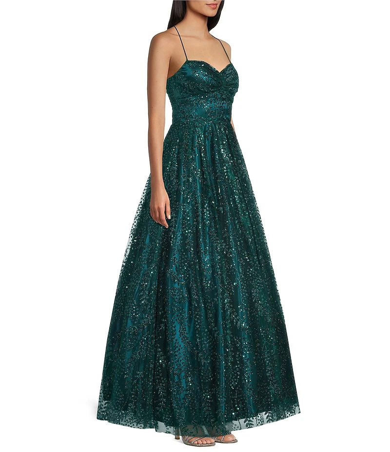 Blondie Nites Glitter Leaf Print Sweetheart Pinch Neck Tie Back A-Line Ball Gown