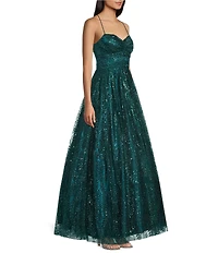 Blondie Nites Glitter Leaf Print Sweetheart Pinch Neck Tie Back A-Line Ball Gown