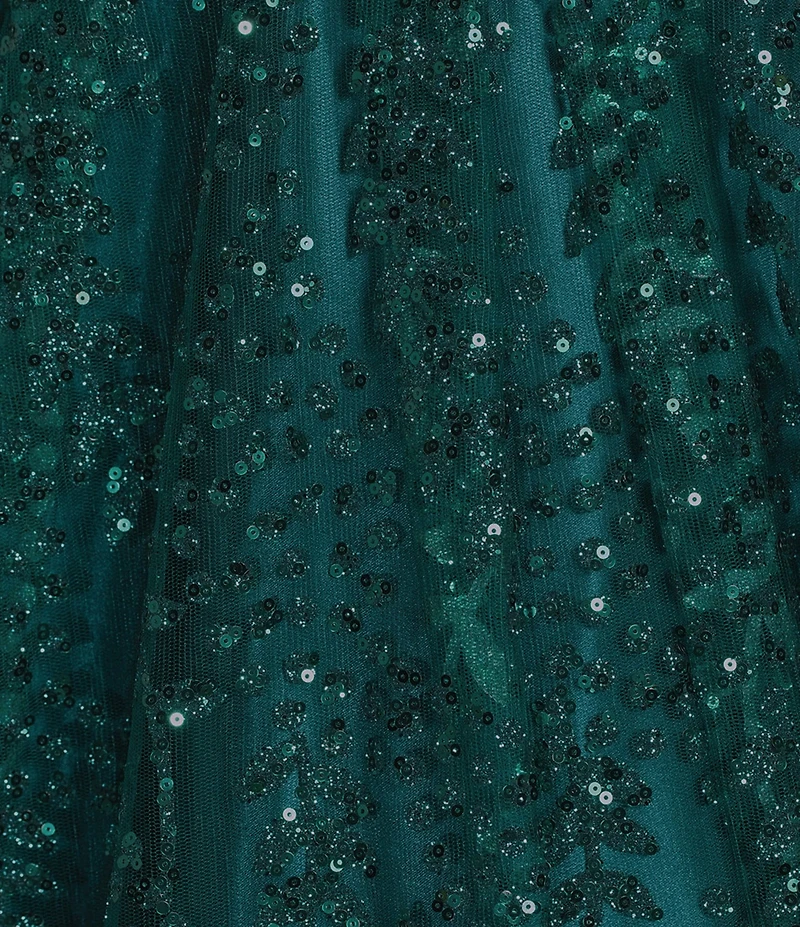Blondie Nites Glitter Leaf Print Sweetheart Pinch Neck Tie Back A-Line Ball Gown