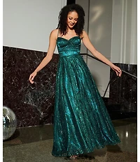 Blondie Nites Glitter Leaf Print Sweetheart Pinch Neck Tie Back A-Line Ball Gown