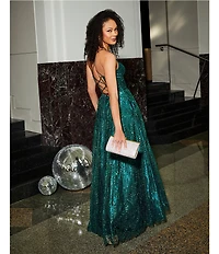 Blondie Nites Glitter Leaf Print Sweetheart Pinch Neck Tie Back A-Line Ball Gown