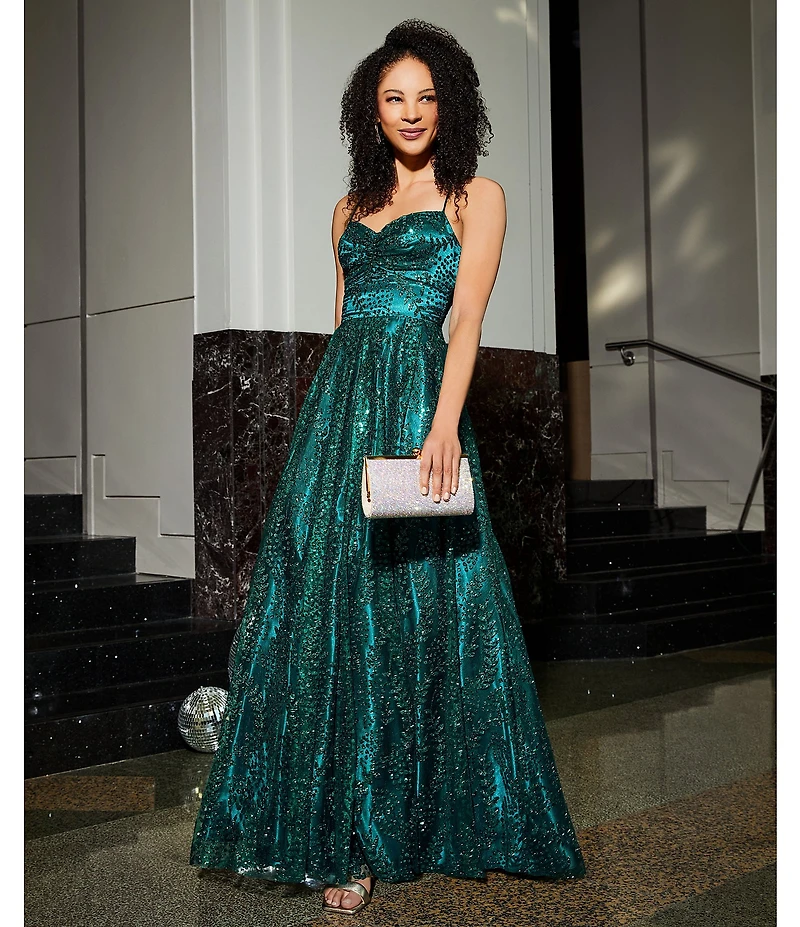 Blondie Nites Glitter Leaf Print Sweetheart Pinch Neck Tie Back A-Line Ball Gown