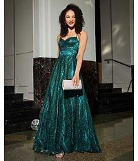 Blondie Nites Glitter Leaf Print Sweetheart Pinch Neck Tie Back A-Line Ball Gown