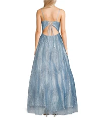 Blondie Nites Glitter Mesh Print V-Neck Sleeveless Tie Back Gown