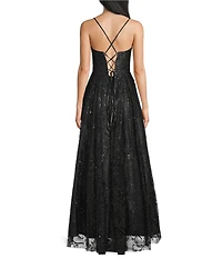 Blondie Nites Glitter Mesh Leaf Print Sweetheart Neck X-Back Tie Back A-Line Ball Gown