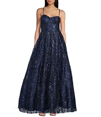 Blondie Nites Glitter Mesh Leaf Print Sweetheart Neck X-Back Tie Back A-Line Ball Gown
