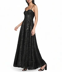 Blondie Nites Glitter Mesh Leaf Print Sweetheart Neck X-Back Tie Back A-Line Long Dress