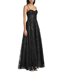 Blondie Nites Glitter Mesh Leaf Print Sweetheart Neck X-Back Tie Back A-Line Long Dress