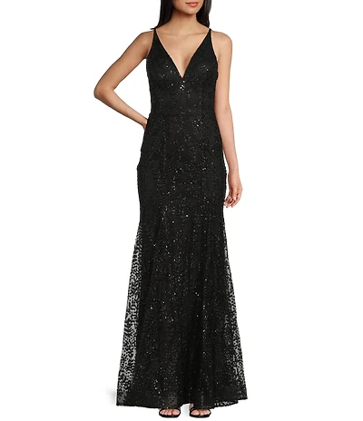 Blondie Nites Glitter/Sequin Mesh Leaf Print V-Neck Tie Back Long Gown