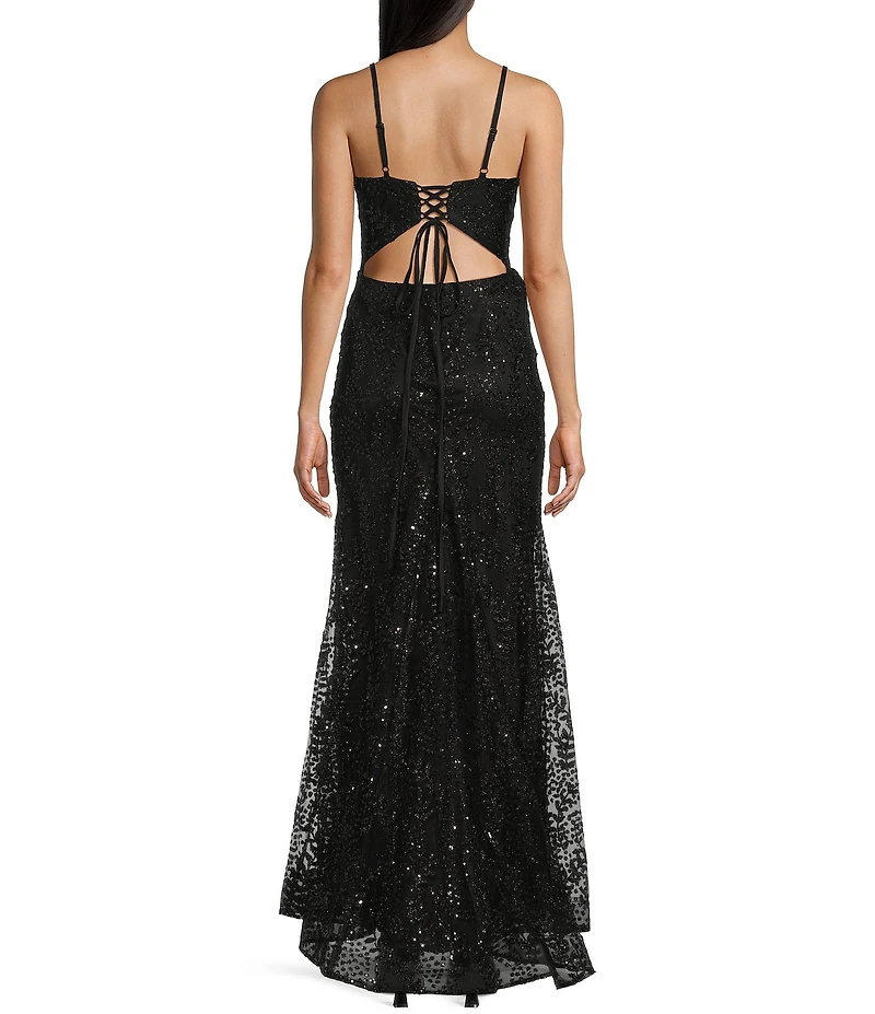 Blondie Nites Glitter/Sequin Mesh Leaf Print V-Neck Tie Back Long Gown
