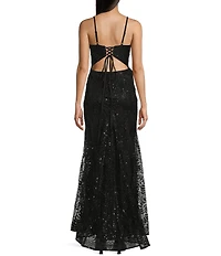 Blondie Nites Glitter/Sequin Mesh Leaf Print V-Neck Tie Back Long Gown