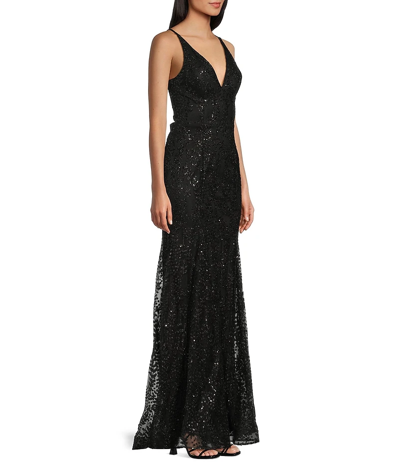 Blondie Nites Glitter/Sequin Mesh Leaf Print V-Neck Tie Back Long Gown