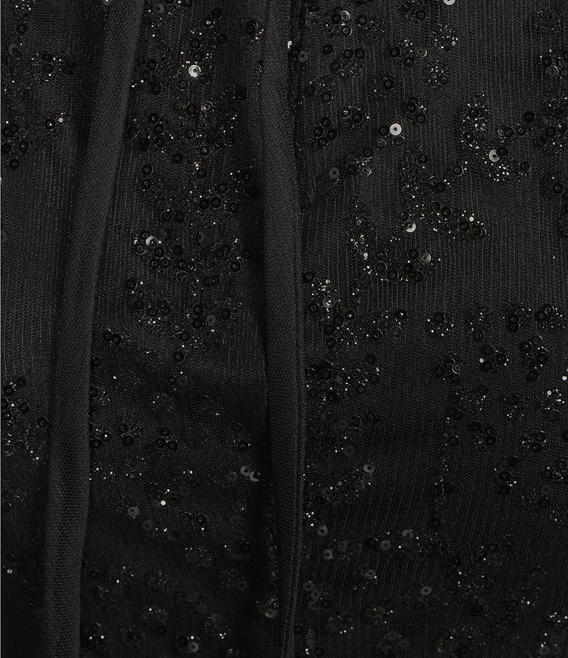 Blondie Nites Glitter/Sequin Mesh Leaf Print V-Neck Tie Back Long Gown