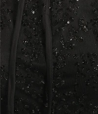 Blondie Nites Glitter/Sequin Mesh Leaf Print V-Neck Tie Back Long Gown