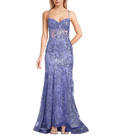 Blondie Nites Glitter Mesh Patterned Pinch Front Neck Corseted Lace Up Back Ballgown