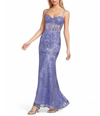 Blondie Nites Glitter Mesh Patterned Pinch Front Neck Corseted Lace Up Back Ballgown