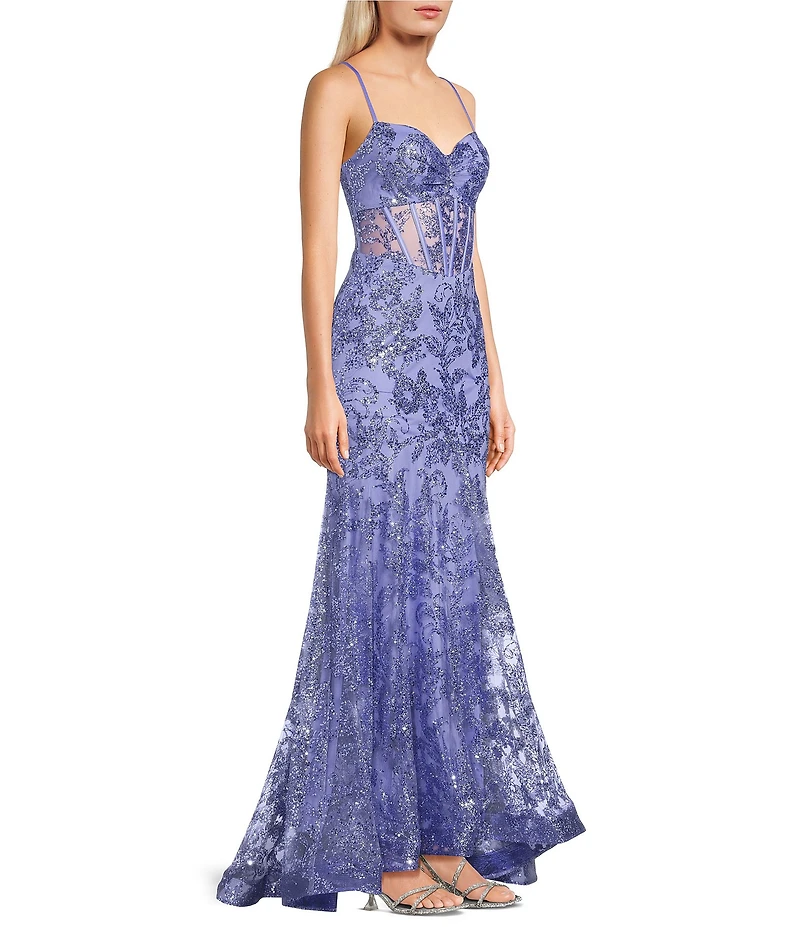 Blondie Nites Glitter Mesh Patterned Pinch Front Neck Corseted Lace Up Back Long Dress