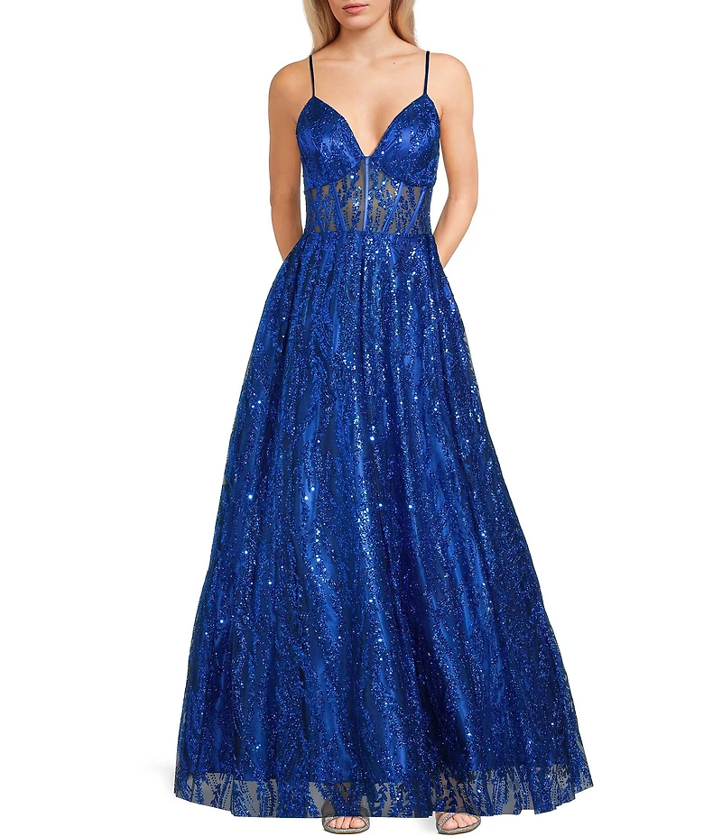 Blondie Nites Glitter Mesh Patterned V-Neck Corseted Bodice Ballgown