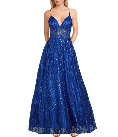 Blondie Nites Glitter Mesh Patterned V-Neck Corseted Bodice Ballgown