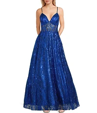 Blondie Nites Glitter Mesh Patterned V-Neck Corseted Bodice Ballgown