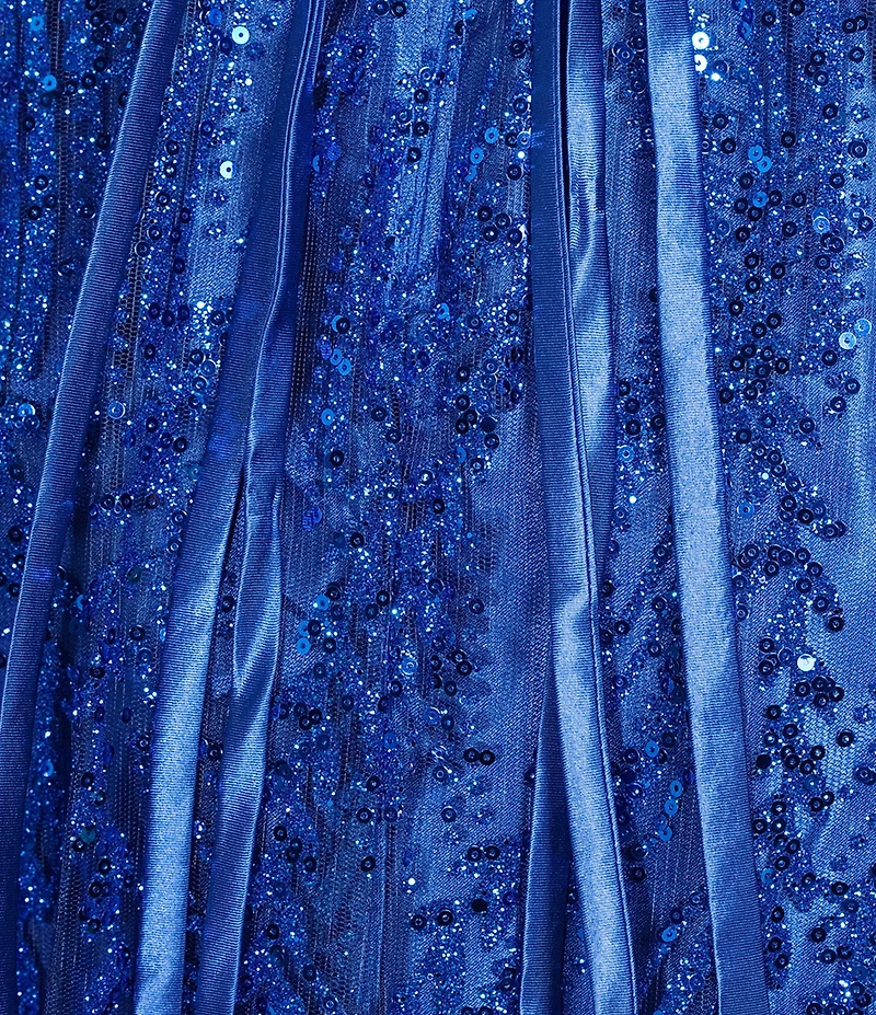 Blondie Nites Glitter Mesh Patterned V-Neck Corseted Bodice Ballgown