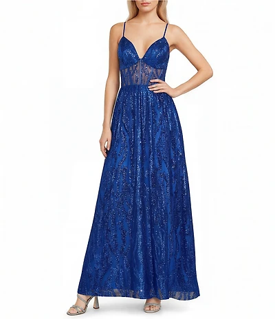 Blondie Nites Glitter Mesh Patterned V-Neck Corseted Bodice Ballgown