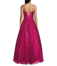 Blondie Nites Glitter Mesh Twist Front Cut Out Spaghetti Strap Tie Back Gown