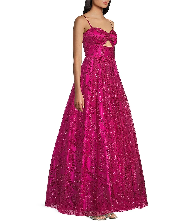 Blondie Nites Glitter Mesh Twist Front Cut Out Spaghetti Strap Tie Back Gown