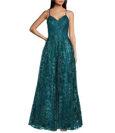 Blondie Nites Glitter Pattern V-Neck Spaghetti Straps Corset Tie-Back Gown