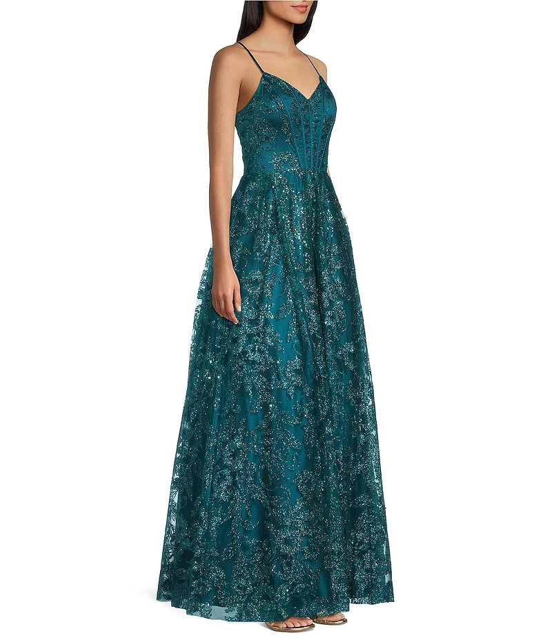 Blondie Nites Glitter Pattern V-Neck Spaghetti Straps Corset Tie-Back Gown