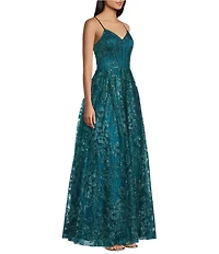 Blondie Nites Glitter Pattern V-Neck Spaghetti Straps Corset Tie-Back Gown