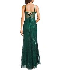 Blondie Nites Glitter Patterned Drape Neck Illusion Corset Ballgown