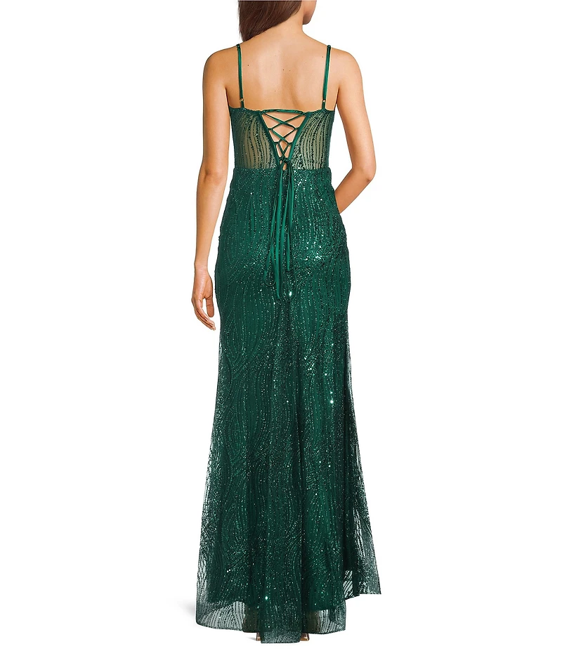 Blondie Nites Glitter Patterned Drape Neck Illusion Corset Long Dress