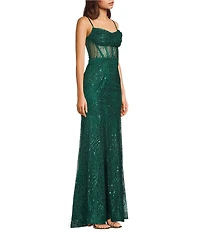 Blondie Nites Glitter Patterned Drape Neck Illusion Corset Long Dress