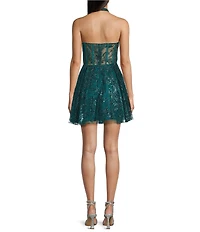 Blondie Nites Glitter Patterned Halter V-Neck Illusion Corset A-Line Dress