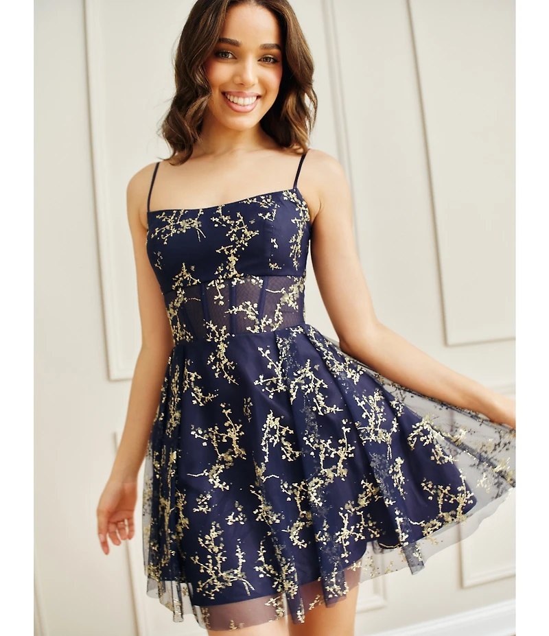 Blondie Nites Glitter Patterned Illusion Bodice Lace Up Tie Back Party Dress