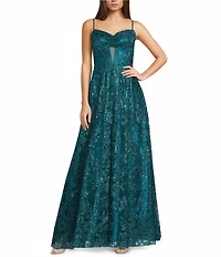 Blondie Nites Glitter Patterned Pinch Front Illusion Sleeveless Tie Back Corseted Dress