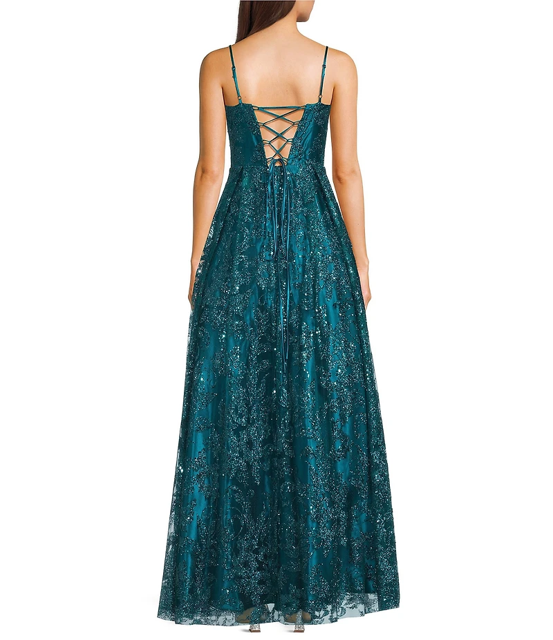 Blondie Nites Glitter Patterned Pinch Front Illusion Sleeveless Tie Back Corseted Dress