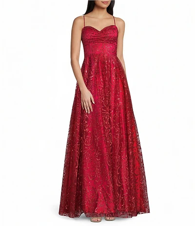 Blondie Nites Glitter Patterned Pinch Front Lace Up Back Long Dress