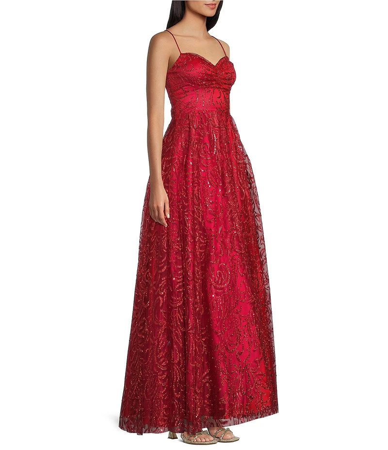 Blondie Nites Glitter Patterned Pinch Front Lace Up Back Long Dress