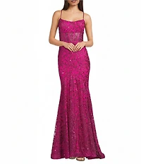 Blondie Nites Glitter Patterned Scoop Neck Illusion Corseted Dress