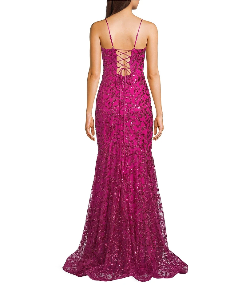 Blondie Nites Glitter Patterned Scoop Neck Illusion Corseted Dress