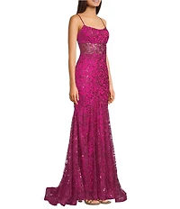 Blondie Nites Glitter Patterned Scoop Neck Illusion Corseted Dress