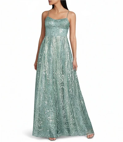 Blondie Nites Glitter Patterned Scoop Neck Illusion Corseted Lace Up Back Ballgown