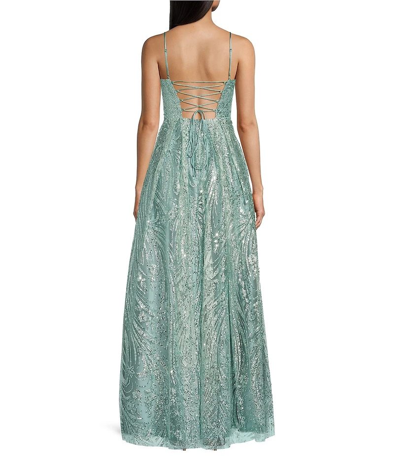 Blondie Nites Glitter Patterned Scoop Neck Illusion Corseted Lace Up Back Ballgown