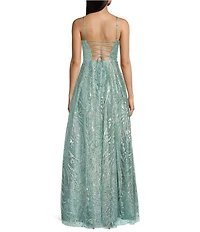 Blondie Nites Glitter Patterned Scoop Neck Illusion Corseted Lace Up Back Ballgown
