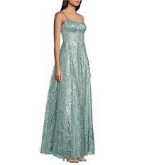 Blondie Nites Glitter Patterned Scoop Neck Illusion Corseted Lace Up Back Ballgown
