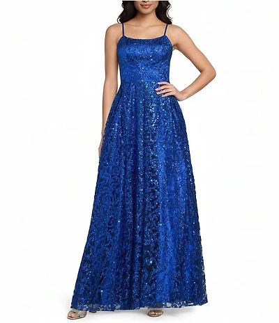 Blondie Nites Glitter Patterned Scoop Neck Open Tie Back Ballgown